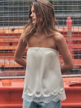 Zara Cream Strapless Satin Lace-Hem Bandeau